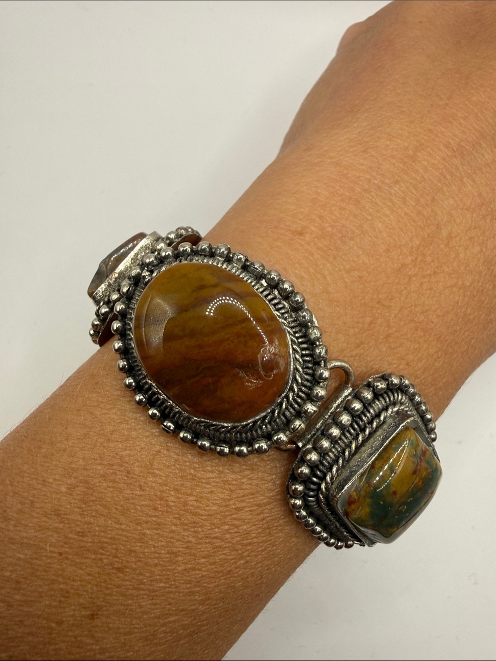 Vintage Silver Tone Multicolored Gemstone Chain Link Bangle Cuff Bracelet